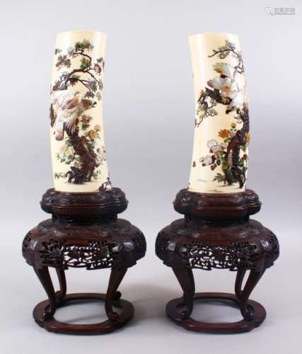 A GOOD PAIR OF JAPANESE MEIJI PERIOD CARVED IVORY & SHIBAYAMA TUSK VASES ON STANDS, the carved ivory