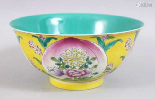 A GOOD CHINESE YONGZHENG STYLE FAMILLE ROSE PORCELAIN PEACH BOWL, the interior turquoise, the