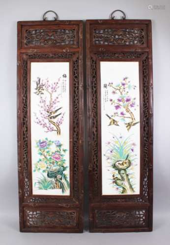 A LARGE PAIR OF CHINESE 19TH / 20TH CENTURY REPUBLIC STYLE FAMILLE ROSE PORCELAIN PANELS, both