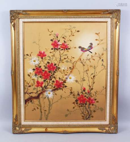 A 20TH CENTURY CHINESE OIL ON CANVAS PAINTING OF BIRDS IN TREES, housed within a moulded gilt frame,