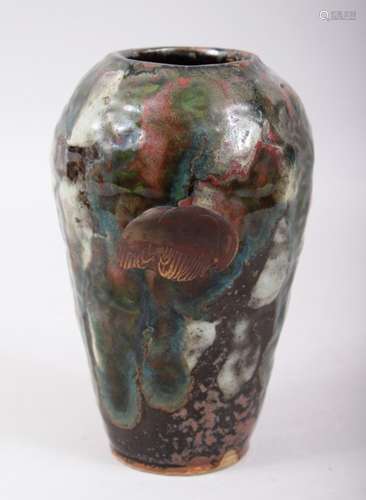 A JAPANESE LATE MEIJI / TAISHO PERIOD STUDIO POTTERY DRIP GLAZED VASE WITH LACQUER DECORATION, the