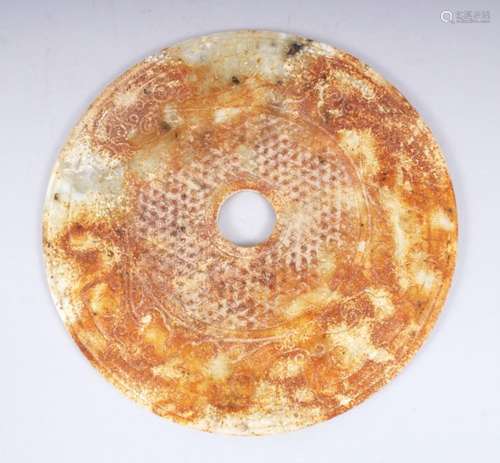 A GOOD 19TH / 20TH CENTURY CHINESE JADE / JADE LIKE CARVED BI DISK, with carved decoration to both