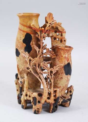 A CHINESE 20TH CENTURY SOAPSTONE BRUSHWASH / VASE, with three inserts for flora, with carved