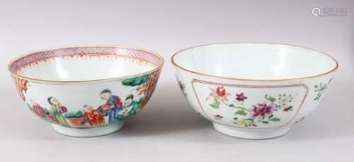 TWO 18TH CENTURY CHINESE MANDARIN FAMILLE ROSE PORCELAIN BOWLS, decorated with scenes of figures