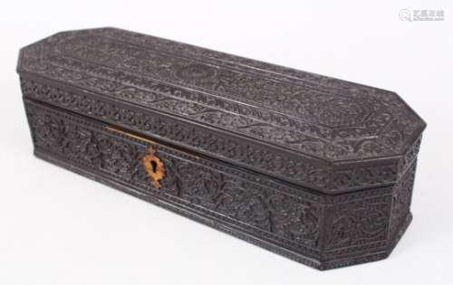 AN 18TH CENTURY CEYLONESE CARVED EBONY LIDDED BOX, the box carved with detailed all-over floral