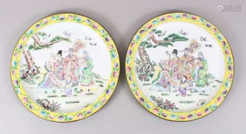 A GOOD PAIR OF LARGE 19TH/20TH CHINESE CENTURY ENAMEL PLAQUES / DISHES, decorate with four immortals