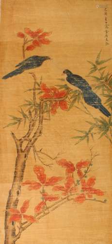 A GOOD CHINESE PAINTED HANGING SCROLL OF BIRDS, the painting depicting birds sat in the branches