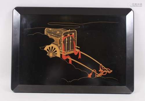 A GOOD JAPANESE LATE MEIJI PERIOD LACQUER TRAY OF A RICKSHAW, the black tray depicting finely