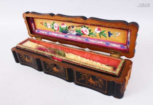 AN EXCEPTIONAL 19TH CENTURY CHINESE CANTON CARVED IVORY & PAINTED PAPER FAN IN BOX, the fan with