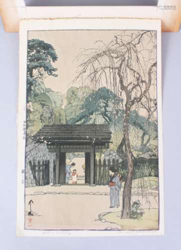 A 19TH / 20TH CENTURY JAPANESE WOODBLOCK PRINT BY HIROSHI YOSHIDA, titled the plum gateway, in its