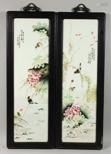A GOOD PAIR OF REPUBLIC STYLE PORCELAIN FRAMED PANELS, each panel depicting a scene of birds amongst