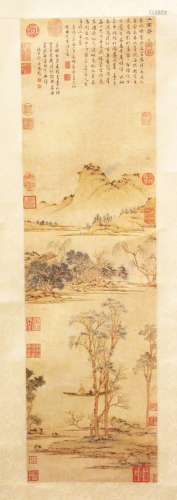 A GOOD CHINESE PAINTED HANGING SCROLL OF A LANDSCAPE, the scroll with a detailed view of a