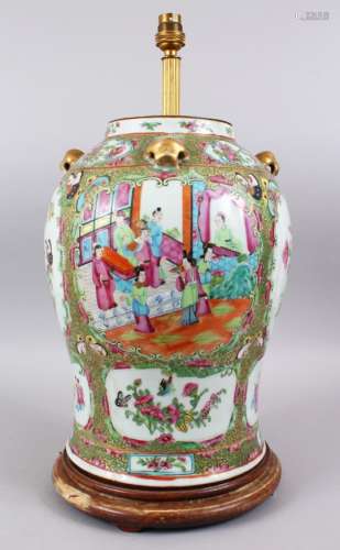 A 19TH CENTURY CHINESE CANTON FAMILLE ROSE PORCELAIN TEMPLE JAR / VASE / LAMP, the body of the