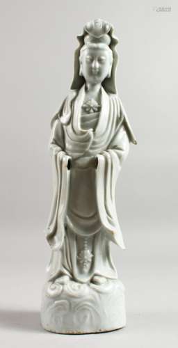 A 19TH CENTURY CHINESE BLANC-DE-CHINE FIGURE OF GUANYIN, 14ins high.