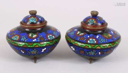 A PAIR OF 20TH CENTURY CHINESE CLOISONNE CENSERS & COVERS, the body decorated with formal foliage