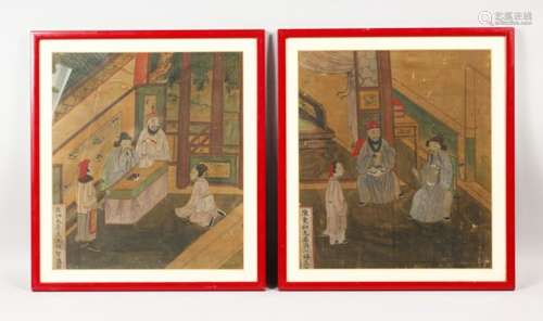 A PAIR OF POSSIBLY 18TH CENTURY CHINESE PAINTINGS ON SILK, framed depicting scenes of interior