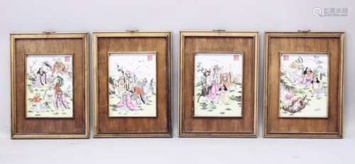 FOUR CHINESE 20TH CENTURY FAMILLE ROSE PORCELAIN FAMED PANELS, each panel depicting a scene of