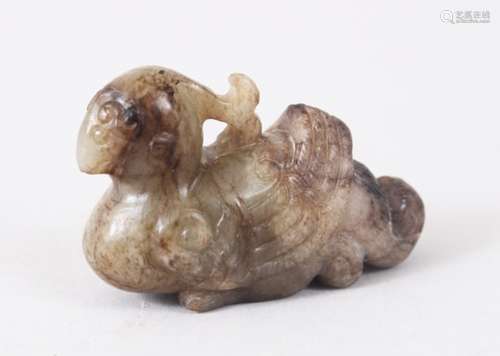 A GOOD 19TH / 20TH CENTURY CHINESE CARVED GREY / RUSSET JADE DUCK, in a seated pose, 4.6cm long x