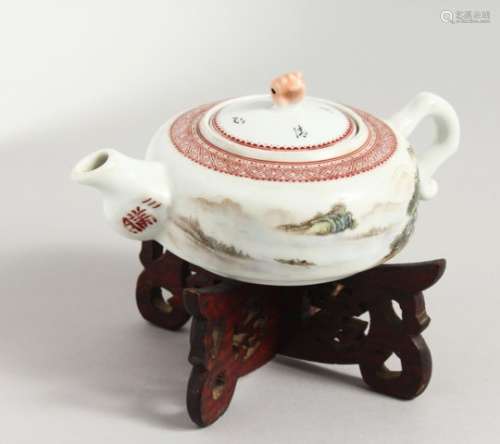 A GOOD MID 20TH CENTURY CHINESE FAMILLE ROSE PORCELAIN TEAPOT, the body of the poet with landscape
