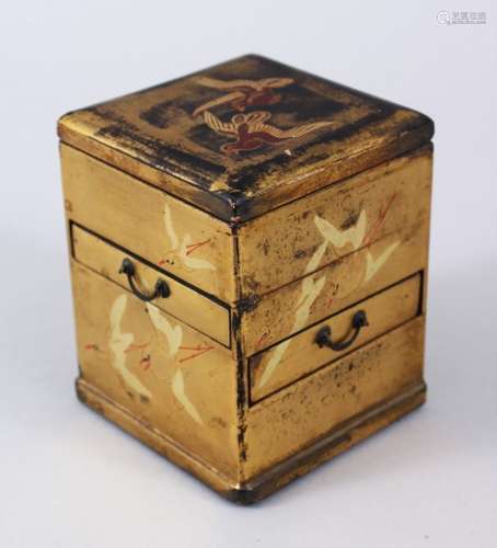 A GOOD JAPANESE MEIJI PERIOD LACQUER INK BOX, the body decorated with cranes, with four drawers