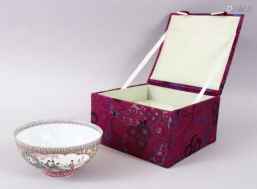 A GOOD CHINESE QIANLONG EGGSHELL PORCELAIN BOWL & BOX, the bowl decorated with two panels