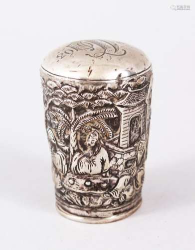 A GOOD 19TH CENTURY CHINESE SOLID SILVER CANE TOPPER, depicting figures within landscapes, the top