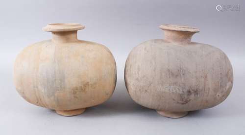 A PAIR OF UNUSUAL EARLY CHINESE BARREL SHAPED TERRACOTTA VESSEL, with broad circular neck and