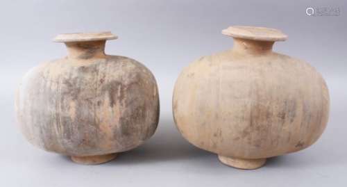 A PAIR OF UNUSUAL EARLY CHINESE BARREL SHAPED TERRACOTTA VESSEL, with broad circular neck and