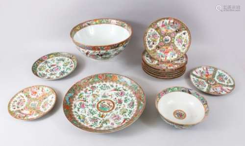 A MIXED SERVICE OF 19TH CENTURY CANTON FAMILLE ROSE PORCELAIN BOWLS & PLATES, decorated with