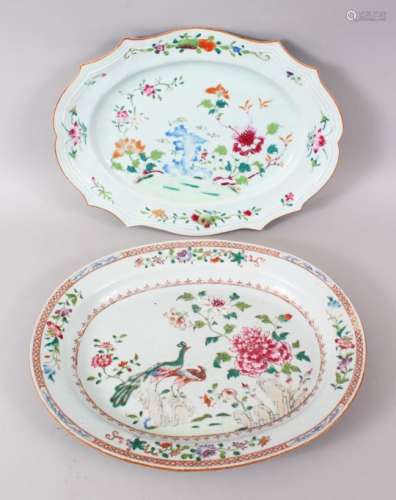 TWO 18TH / 19TH CENTURY CHINESE FAMILLE ROSE PORCELAIN MEAT PLATES, decorated with native flora