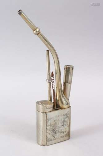 A 19TH / 20TH CENTURY CHINESE OPIUM PIPE, with carved calligraphy and flora decoration, 25cm high.