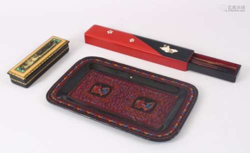 A MIXED LOT OF ORIENTAL 20TH CENTURY LACQUER ITEMS, consisting of one lacquered tray with dragon