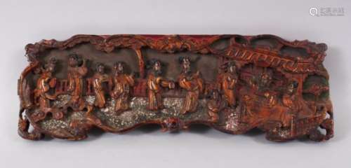 A GOOD CHINESE 19TH CENTURY GILT WOOD CARVED PANEL, carved to depict scenes of figures within temple