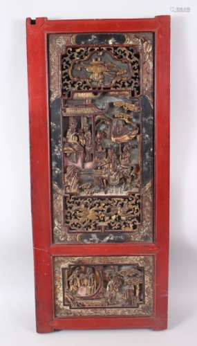 A GOOD 19TH CENTURY CHINESE CARVED GILT WOOD PANEL, carved and pierced panels to depict figures upon