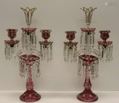 Antique Pair Of Ruby Cut To Clear Enameled Lusters
