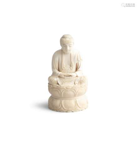 A FINE CHINESE CARVED IVORY FIGURE OF BUDDHA, 19th century, in seated position, in meditative