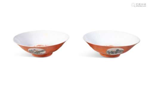A PAIR OF CHINESE FAMILLE ROSE CORAL GROUND BOWLS, 19th Century, each exterior painted and enamelled