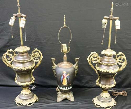 3 Antique Lamps To Include A Pair And A Single.