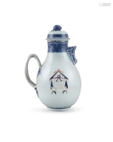 A CHINESE EXPORT ARMORIAL EWER AND COVER, c.1780, the baluster shaped body applied with entwined