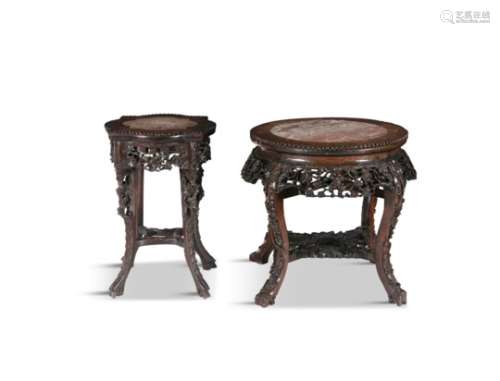 A CHINESE CARVED HARDWOOD AND ROUGE MARBLE JARDINIÈRE STAND, 19th century, of circular form, with
