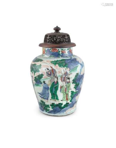 A LARGE CHINESE WUCAI ENAMEL VASE AND COVER, Transitional Period, mid-17th century decorated in