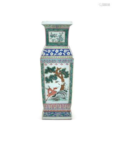 A CHINESE FAMILLE VERTE 'HU' VASE, 19th century of flattened rectangular shape, with flared rim,