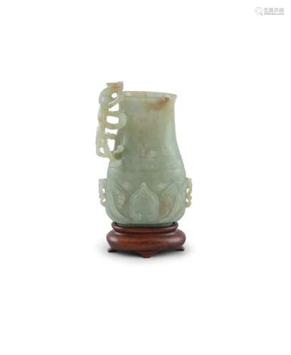 A PALE CELADON JADE VESSEL, 18th century, of flattened baluster form, with chilong side handle,