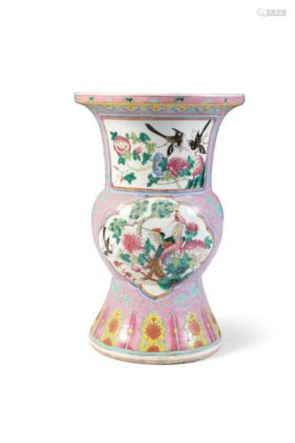 A LARGE CHINESE FAMILLE ROSE VASE, 19th Century, with flared rim, bulbous body and splayed foot,