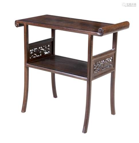 A CHINESE HARDWOOD TWO-TIER SIDE TABLE, of rectangular form, the plain top with opposing scroll