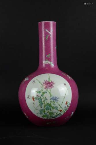 A Pink Ground Incised Famille Rose Bottle Vase.