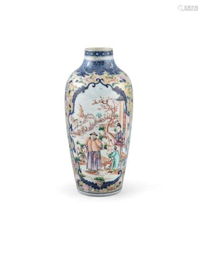 A FINE CHINESE 'MANDARIN' PATTERN OVOID VASE, 18th century, colourfully painted with figures in a