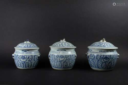 Three Blue & White Globular Jars.