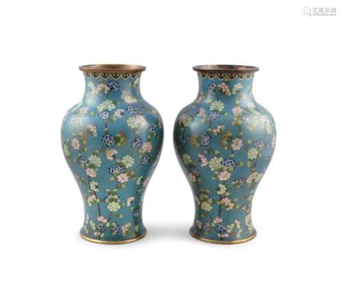 A PAIR OF CHINESE CLOISONNÉ VASES, 19th century, each of baluster form, with gilt collar rims,