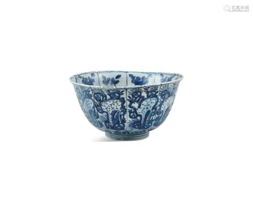 A CHINESE BLUE AND WHITE BOWL, probably Wanli period, in the late Ming style, with scalloped rim,